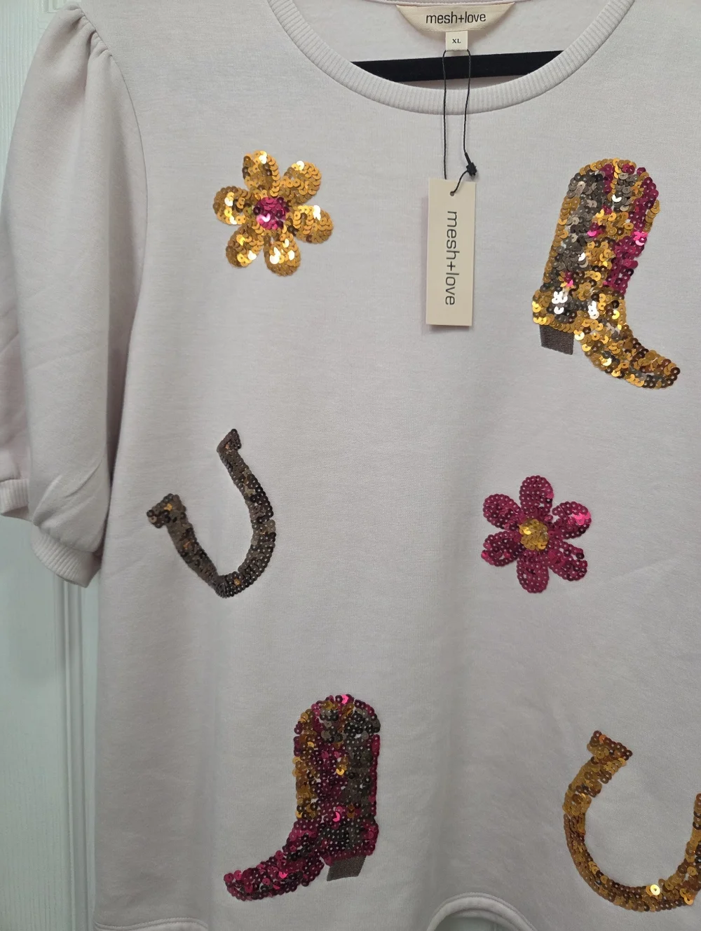 Pink Sequin Cowboy Boot Horseshoe Sweatshirt Western Rodeo Cowgirl Festival  XL - Picture 3 of 10